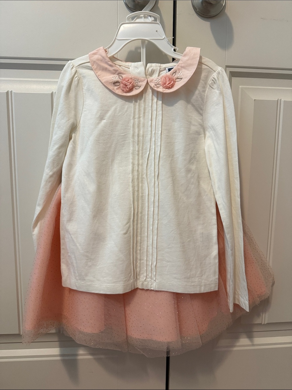 White & Blush Tulle Skirt with Embroidered Peter Pan Collar Shirt